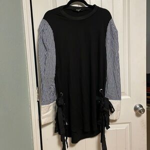 TOV Los Angeles Striped Sleeve Tie Shirt Mini Dress